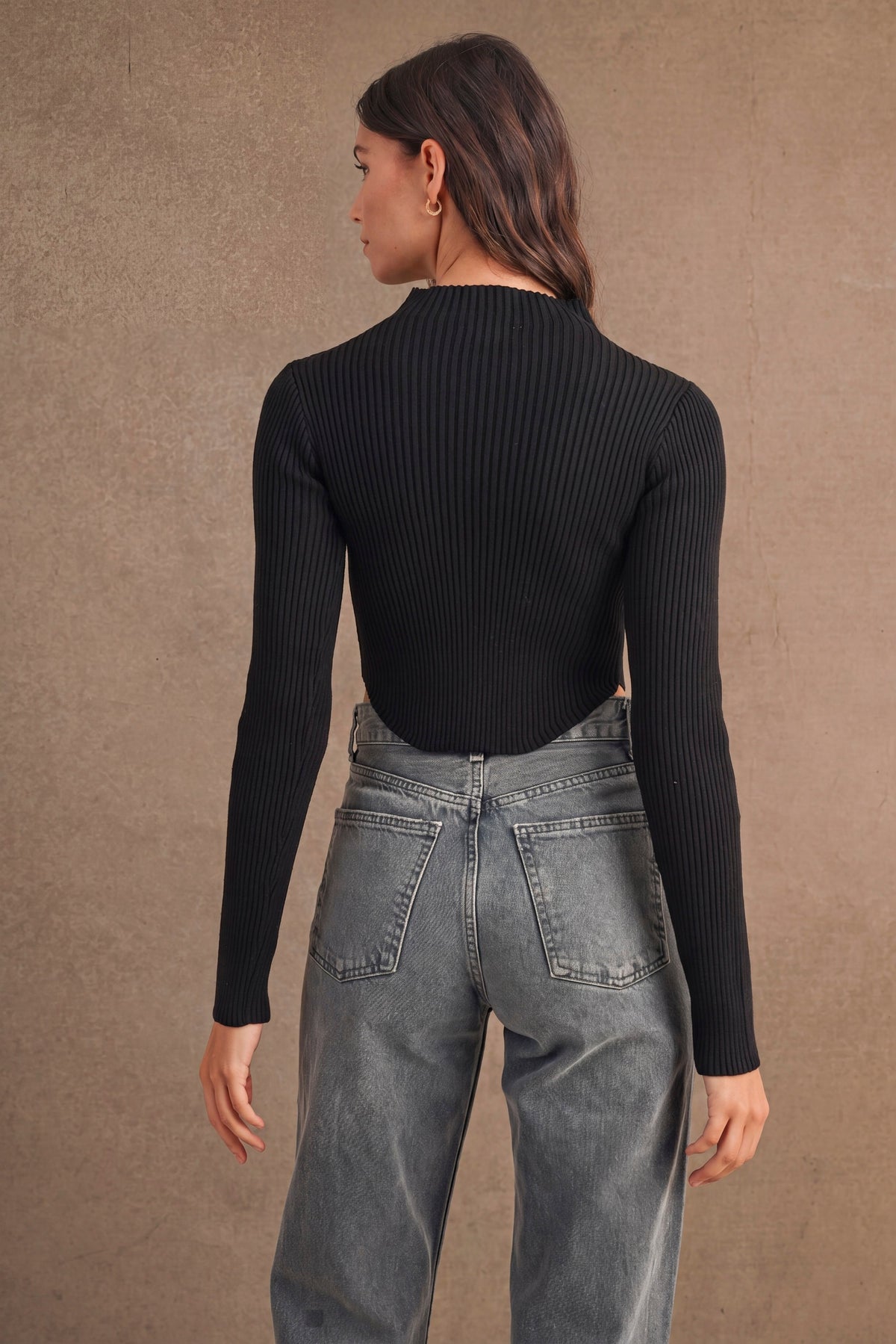 Long Sleeve Ribbed Mock Neck Crop Sweater Top (Black)