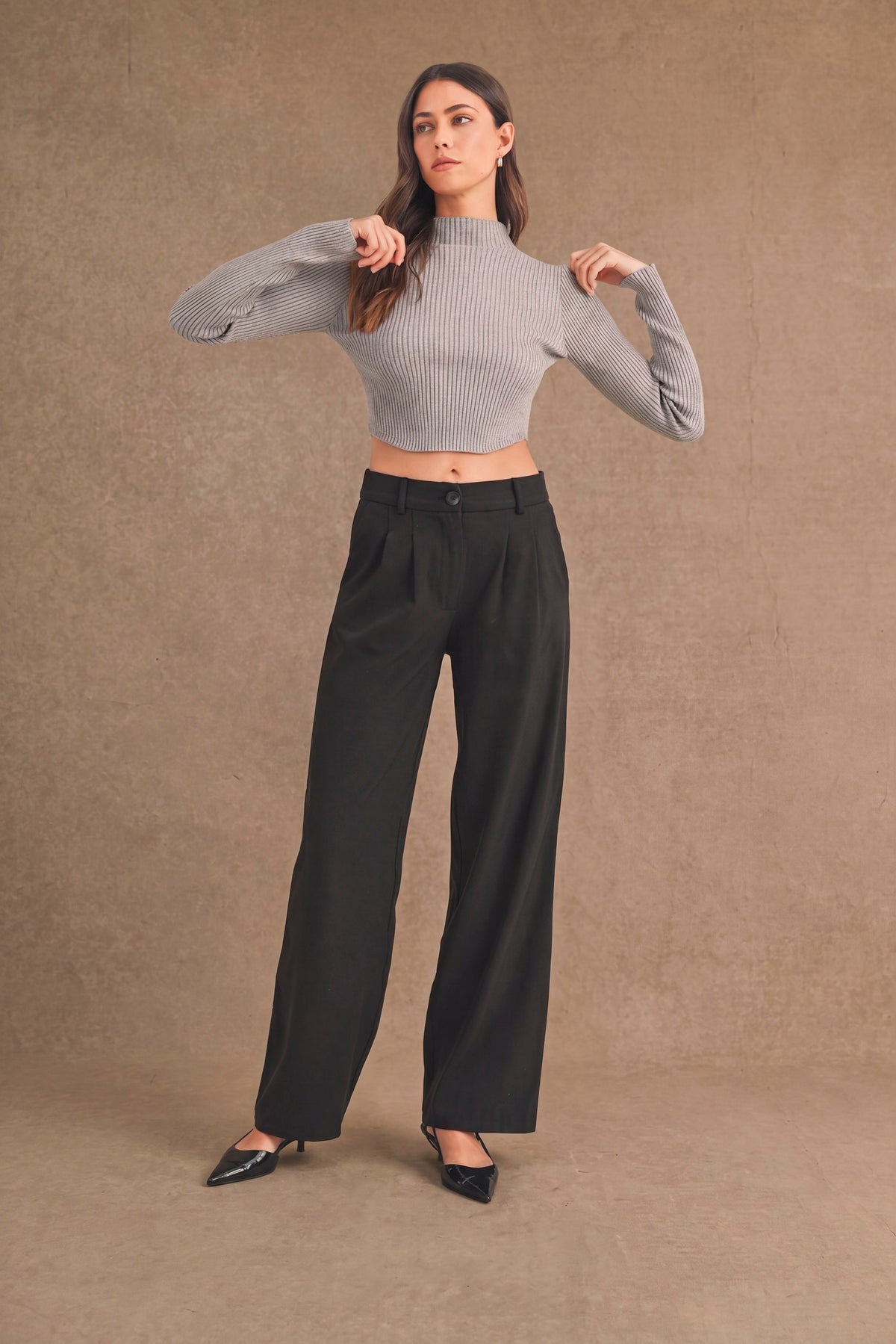 Long Sleeve Ribbed Mock Neck Crop Sweater Top (H Grey)