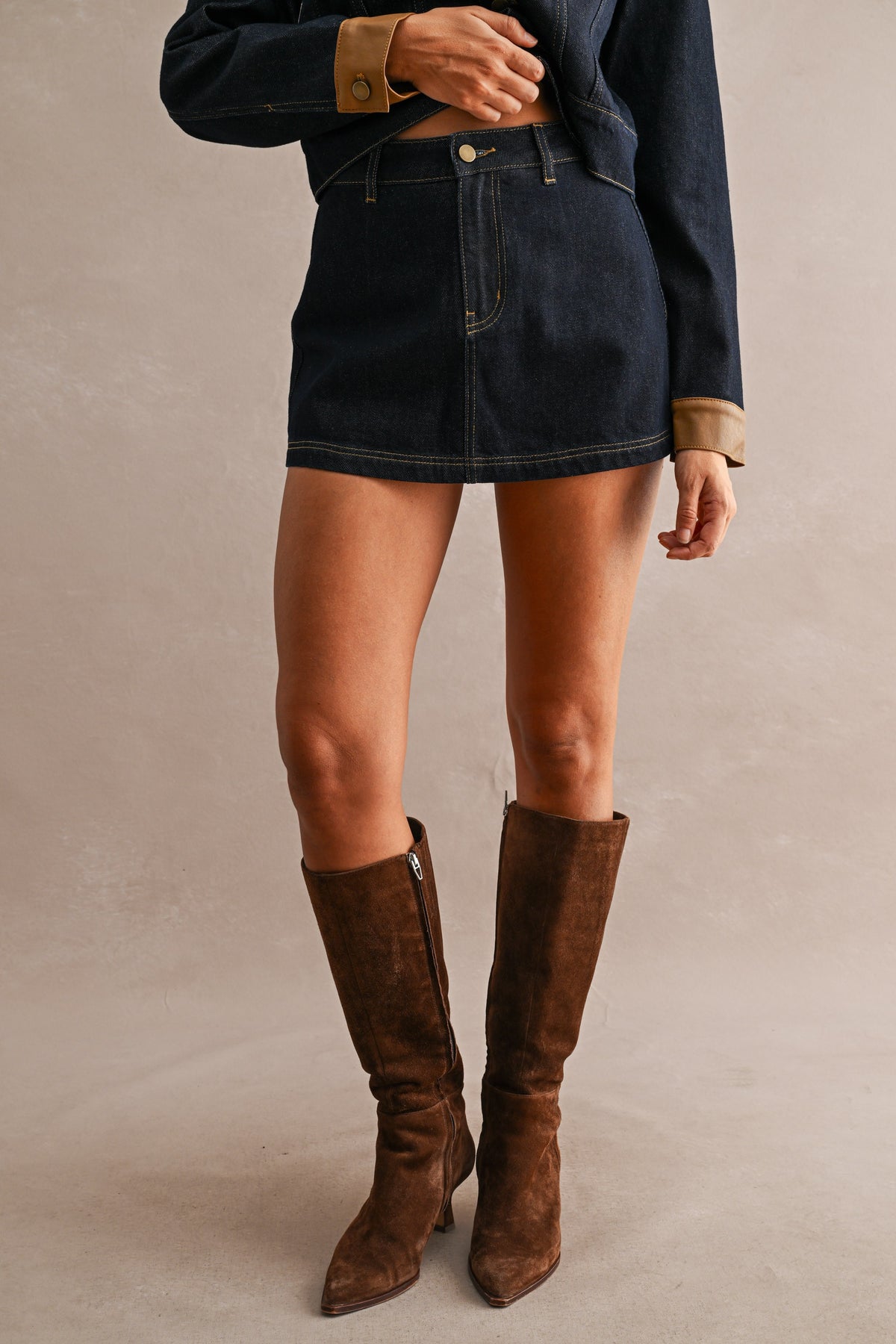 Denim Contrast Collar Jacket And Skort Set