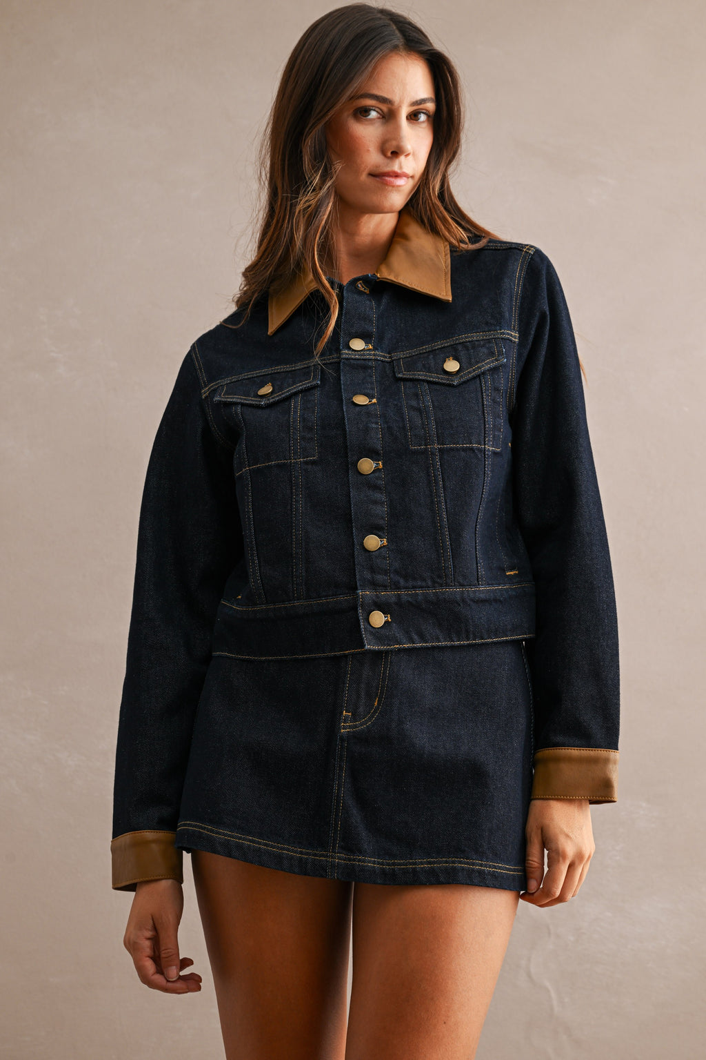Denim Contrast Collar Jacket And Skort Set