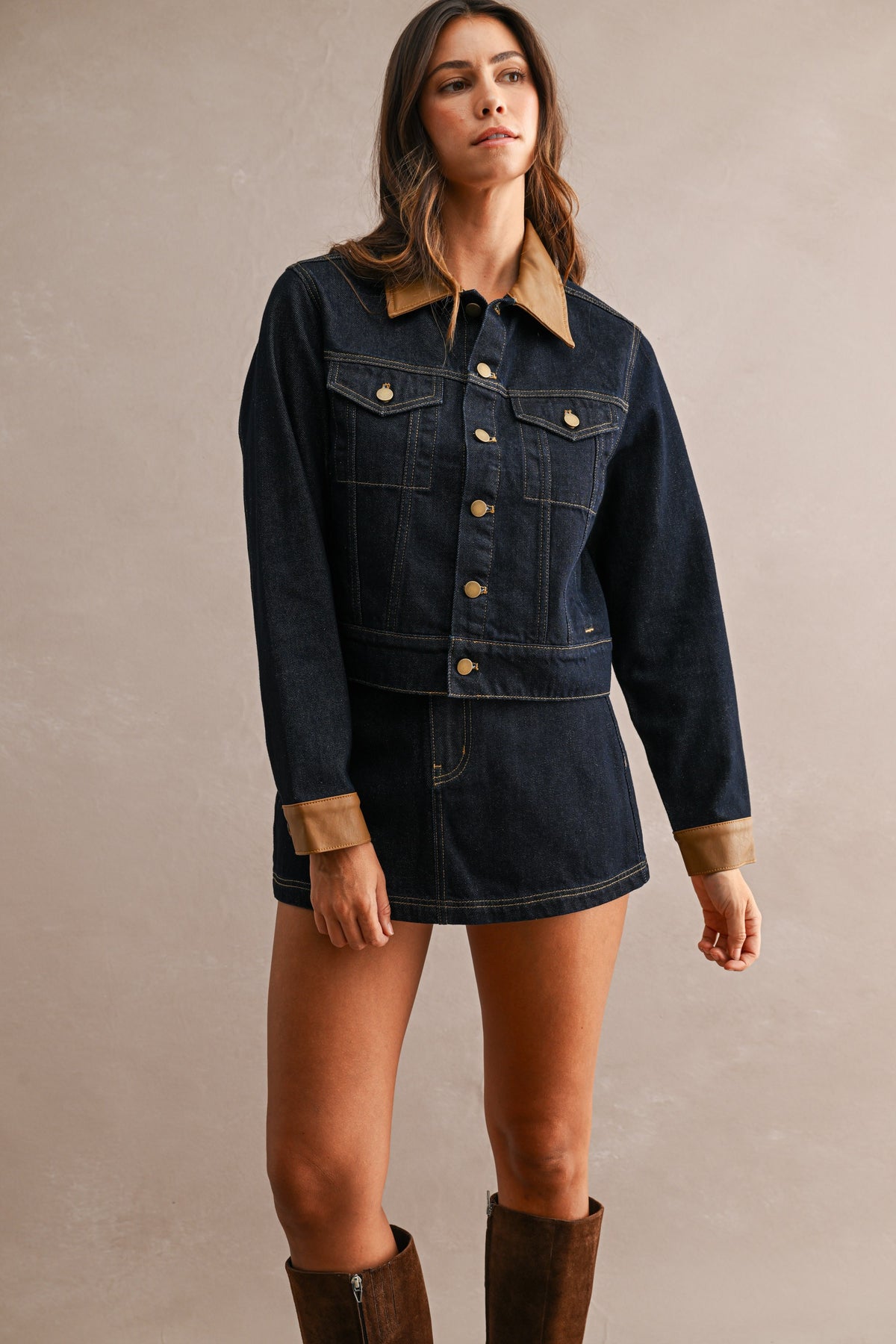 Denim Contrast Collar Jacket And Skort Set