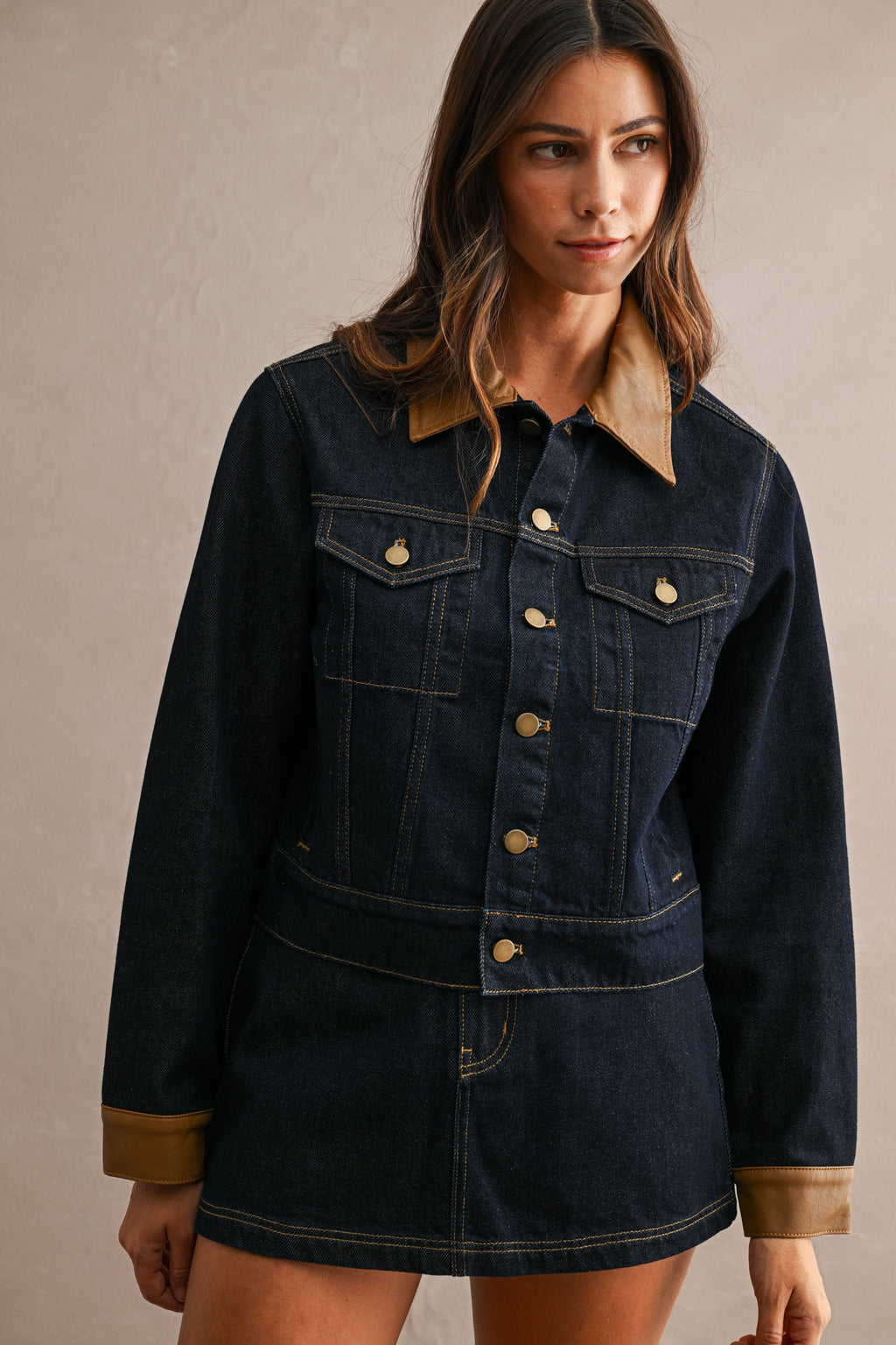 Denim Contrast Collar Jacket And Skort Set