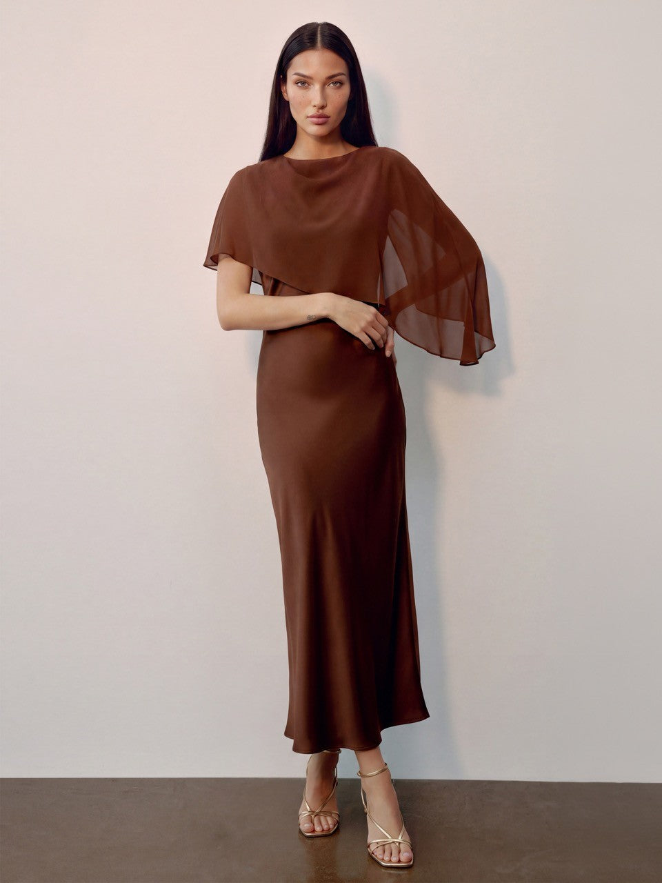 Mocha Muse Satin Cape Maxi Dress Main image