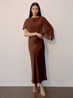 Mocha Muse Satin Cape Maxi Dress