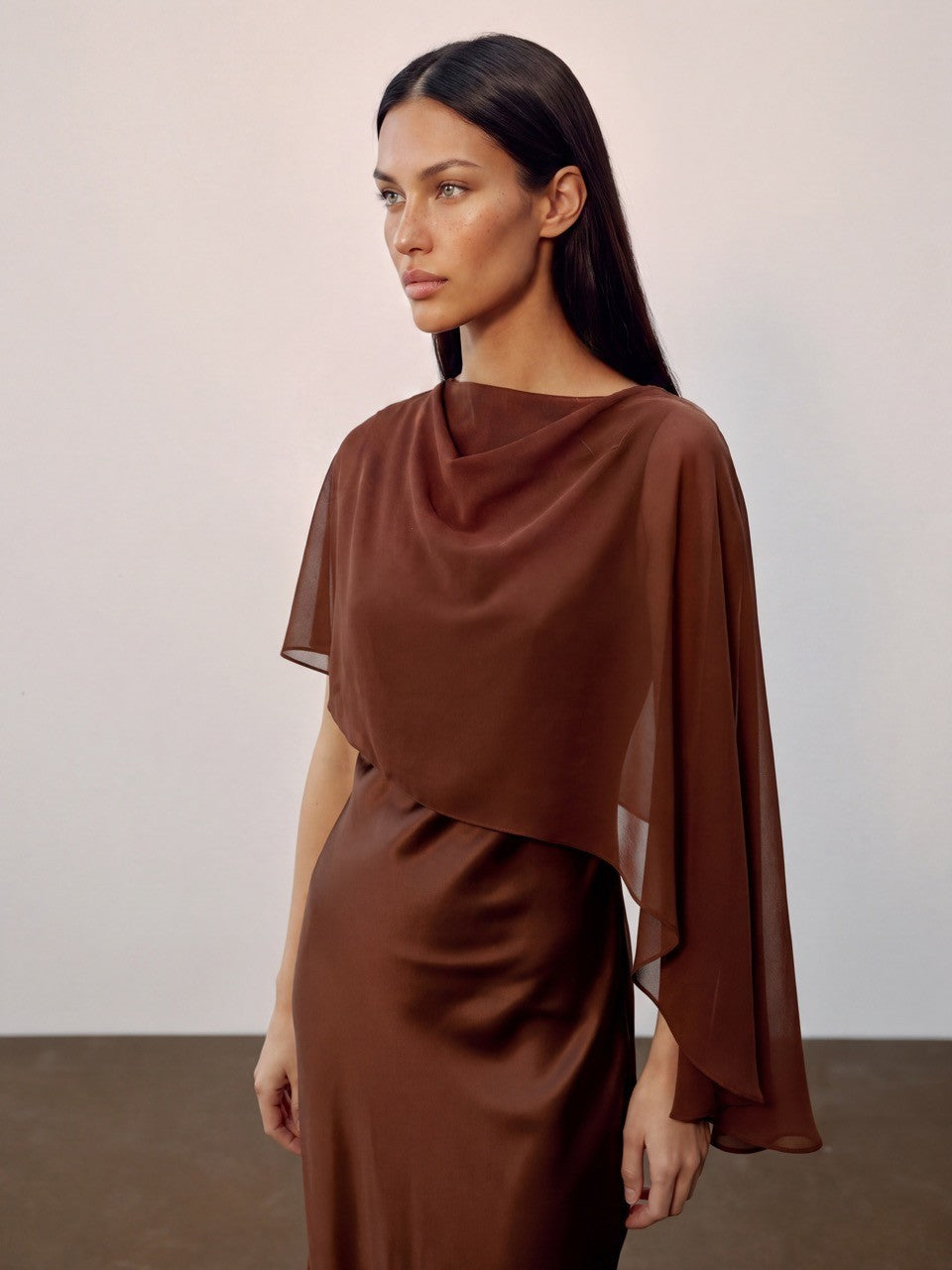 Mocha Muse Satin Cape Maxi Dress