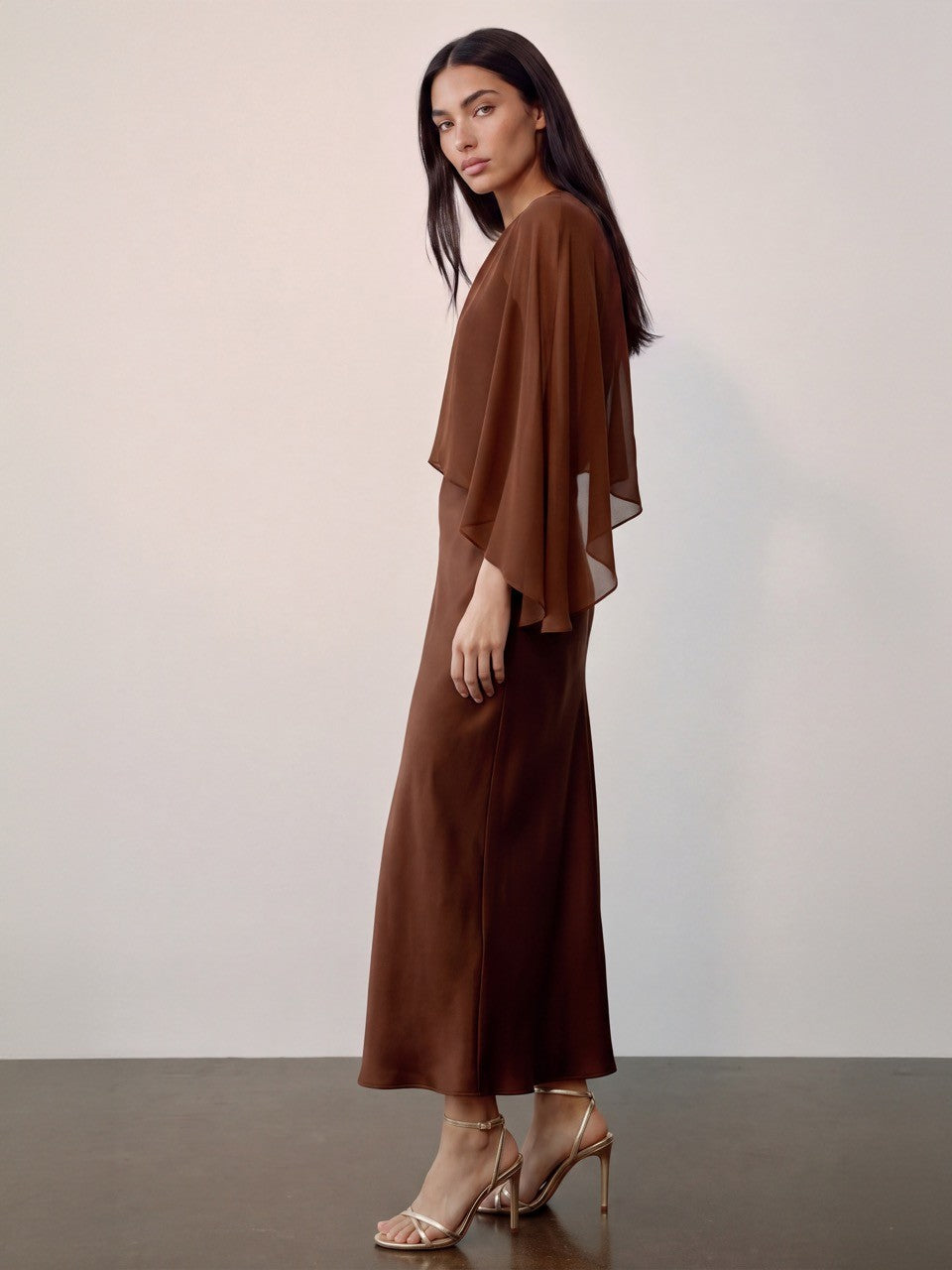 Mocha Muse Satin Cape Maxi Dress