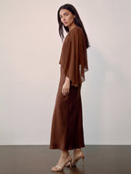 Mocha Muse Satin Cape Maxi Dress