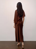 Mocha Muse Satin Cape Maxi Dress