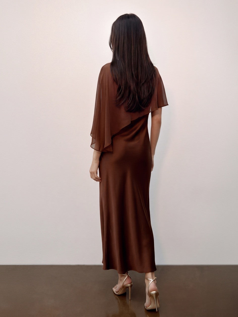 Mocha Muse Satin Cape Maxi Dress