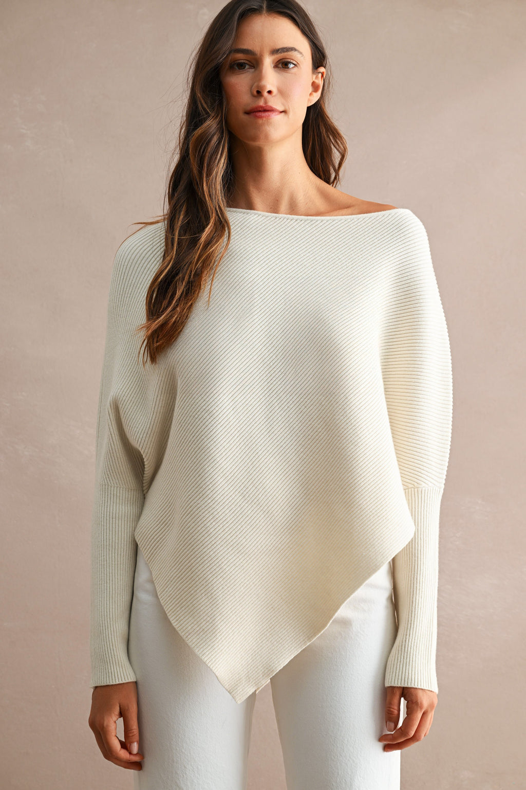 Asymmetrical Hem Ribbed Sweater (Cream)