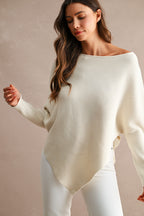 Asymmetrical Hem Ribbed Sweater (Cream)
