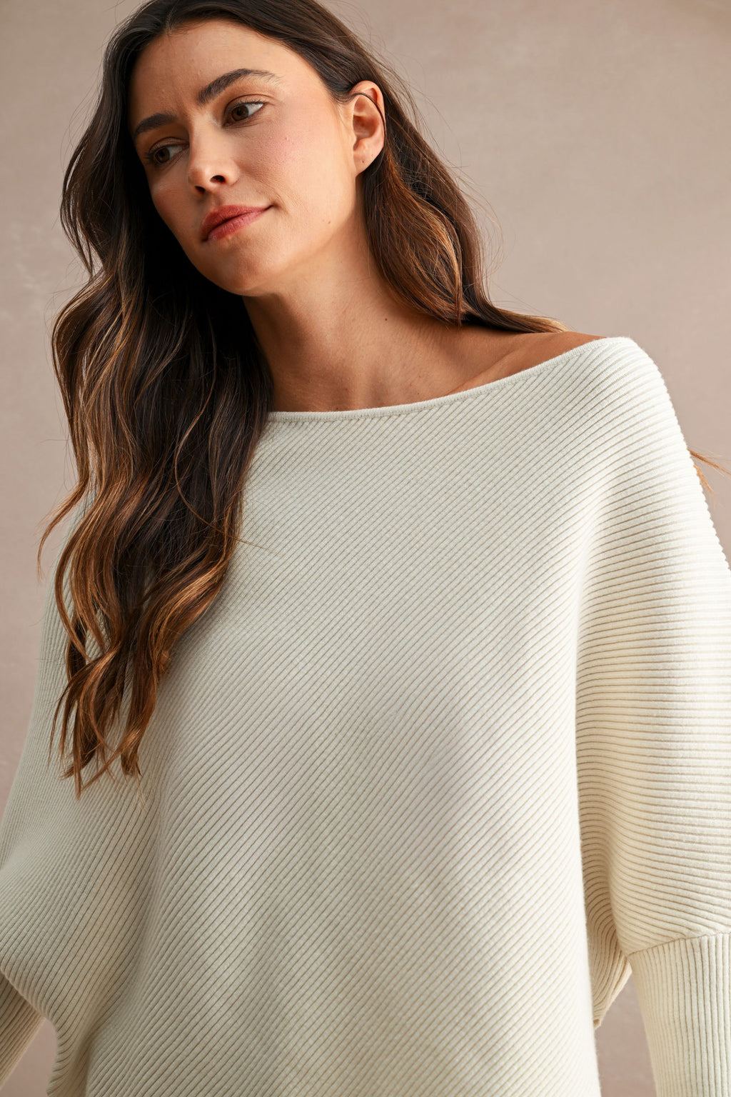 Asymmetrical Hem Ribbed Sweater (Cream)