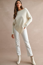 Asymmetrical Hem Ribbed Sweater (Cream)