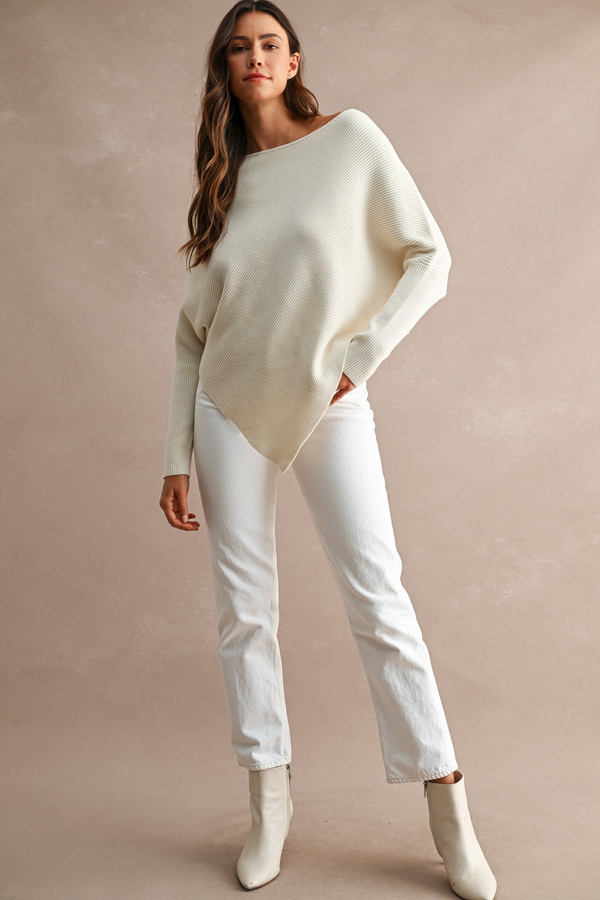 Asymmetrical Hem Ribbed Sweater (Cream)