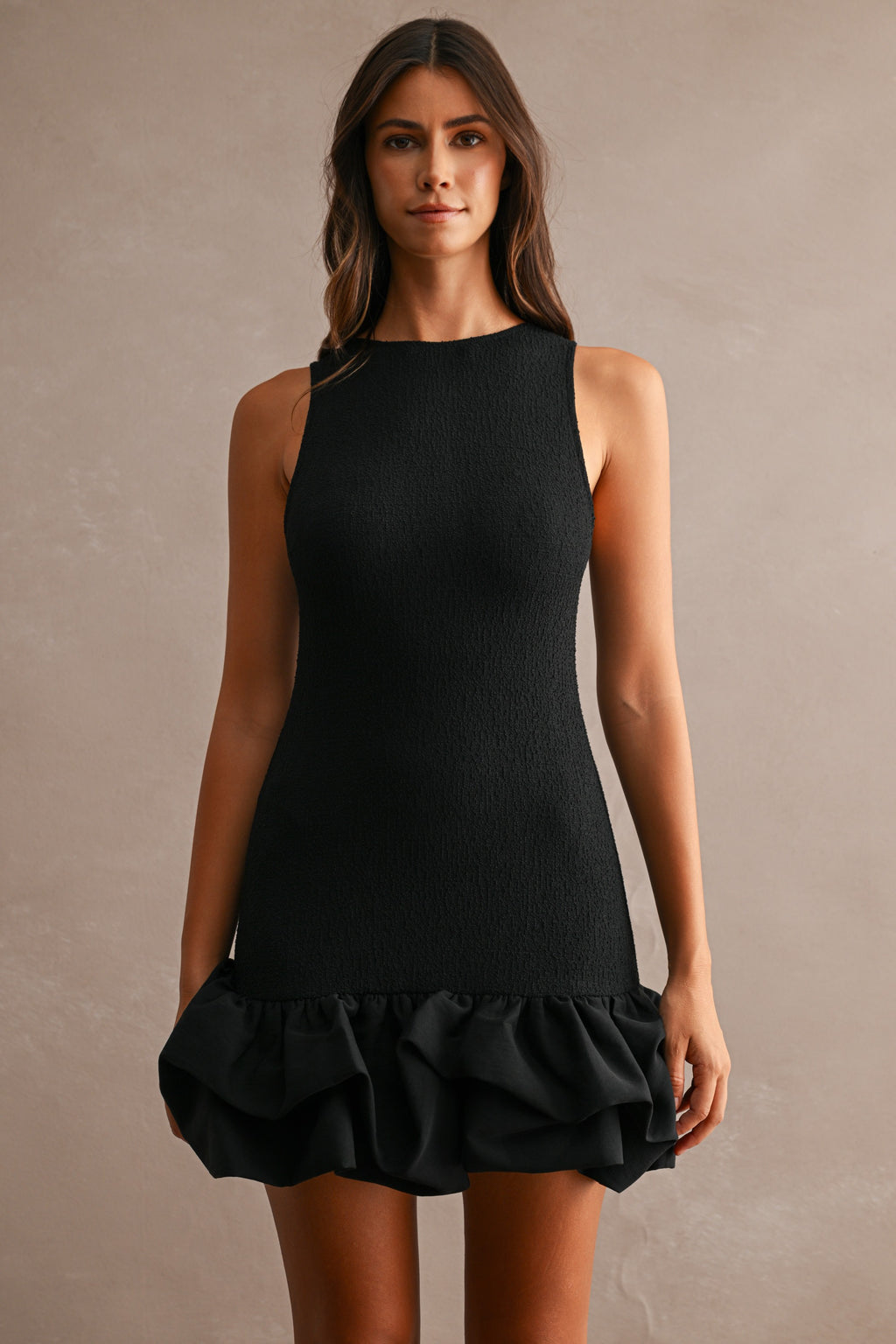 Sleevelesss Fitted Bodice Solid Bubble Skirt Mini Dress
