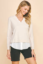 V-Neck Knit Woven Combo Top (Oatmeal)
