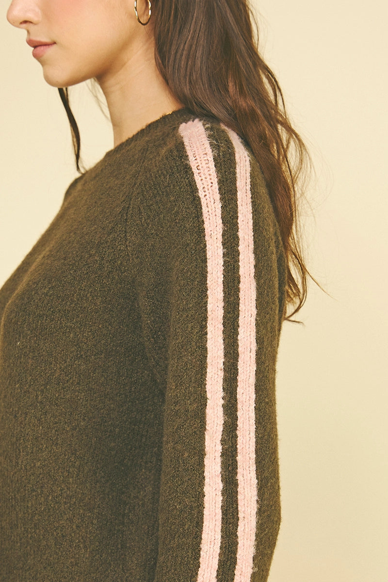 Striped Sleeve Knit Sweater (Brown/Pink)