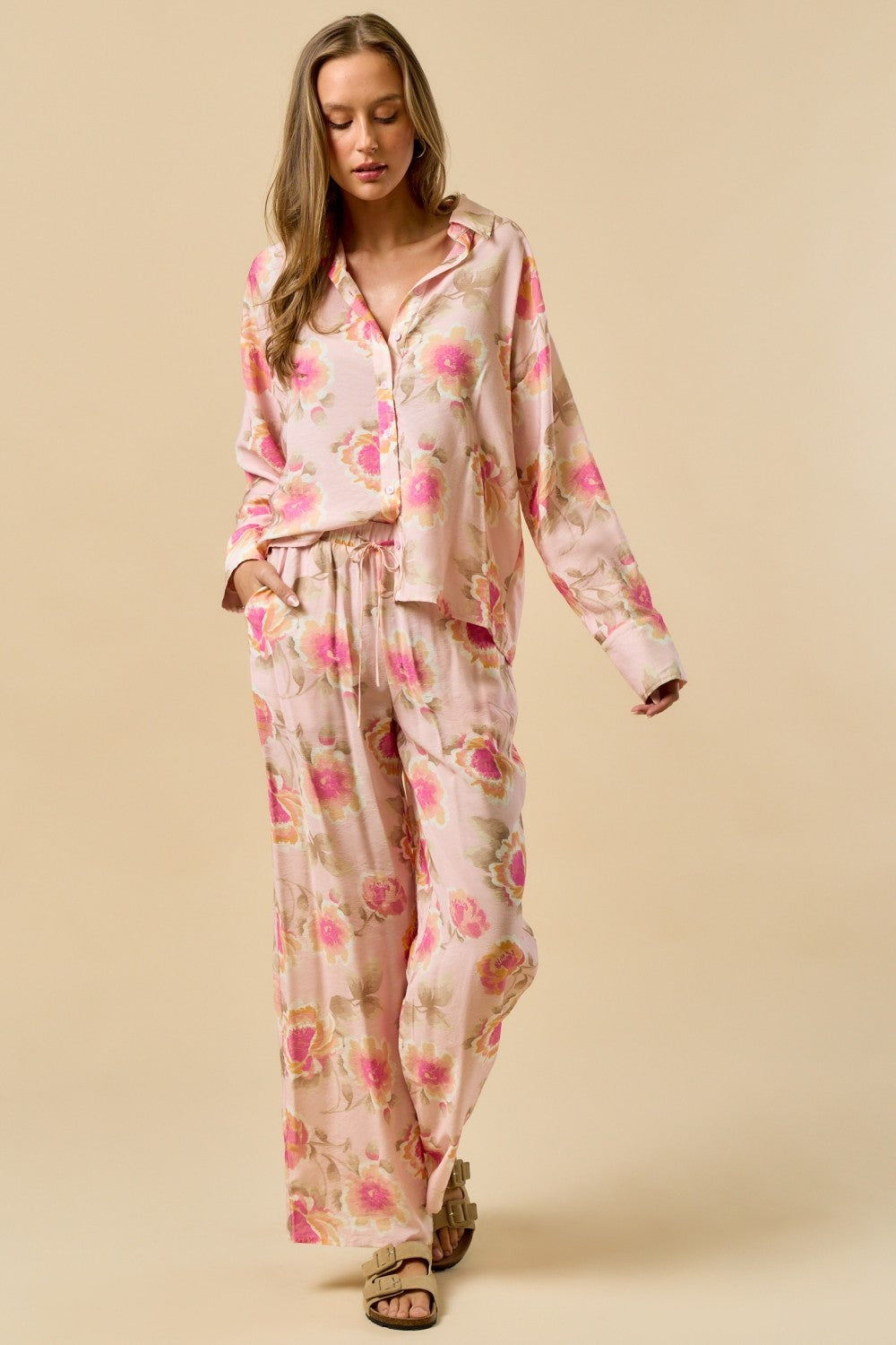 Erika Floral Print Button Down Shirt Pant Set