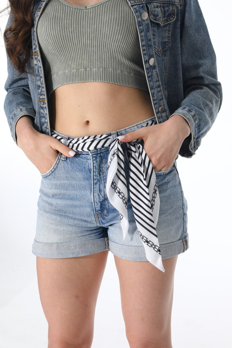 Striped Satin Silky Skinny Scarf (Black)