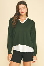 V-Neck Knit Woven Combo Top (Eden Green)