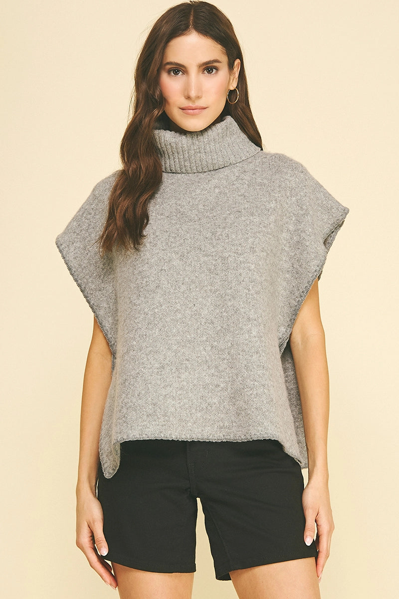 Turtleneck Knit Vest Poncho (Heather Grey)