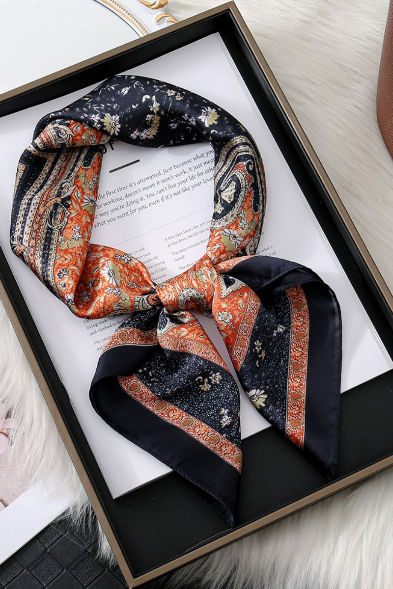 Paisley Print Silk Square Scarf (Navy/Orange)