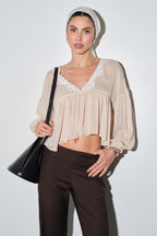 Rosalie Sheer Chiffon Lace Trim Babydoll Blouse W/ Scarf