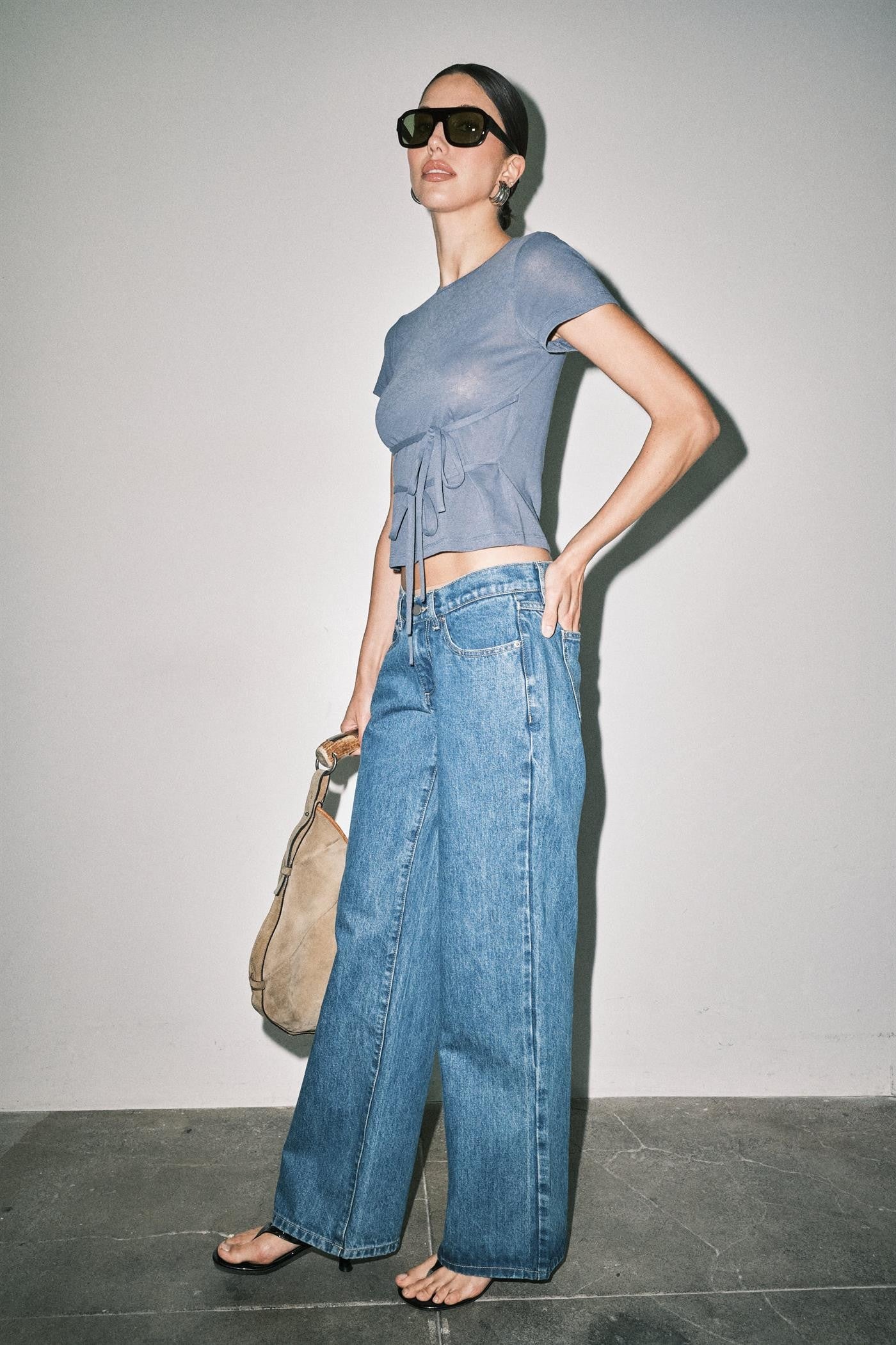 Loucia Amber Fine Knit Tie Waist Short Sleeve Tee Top