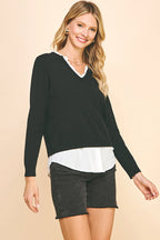 V-Neck Knit Woven Combo Top (Black)