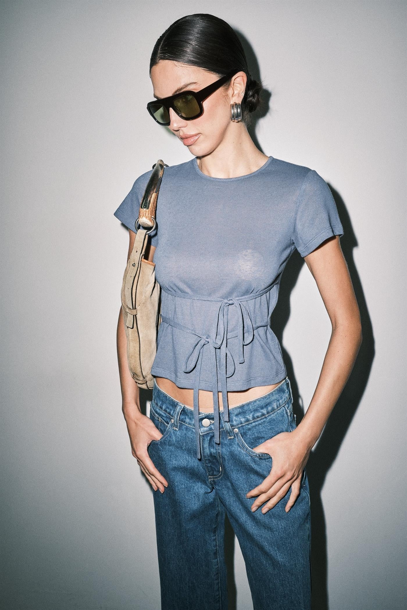 Loucia Amber Fine Knit Tie Waist Short Sleeve Tee Top