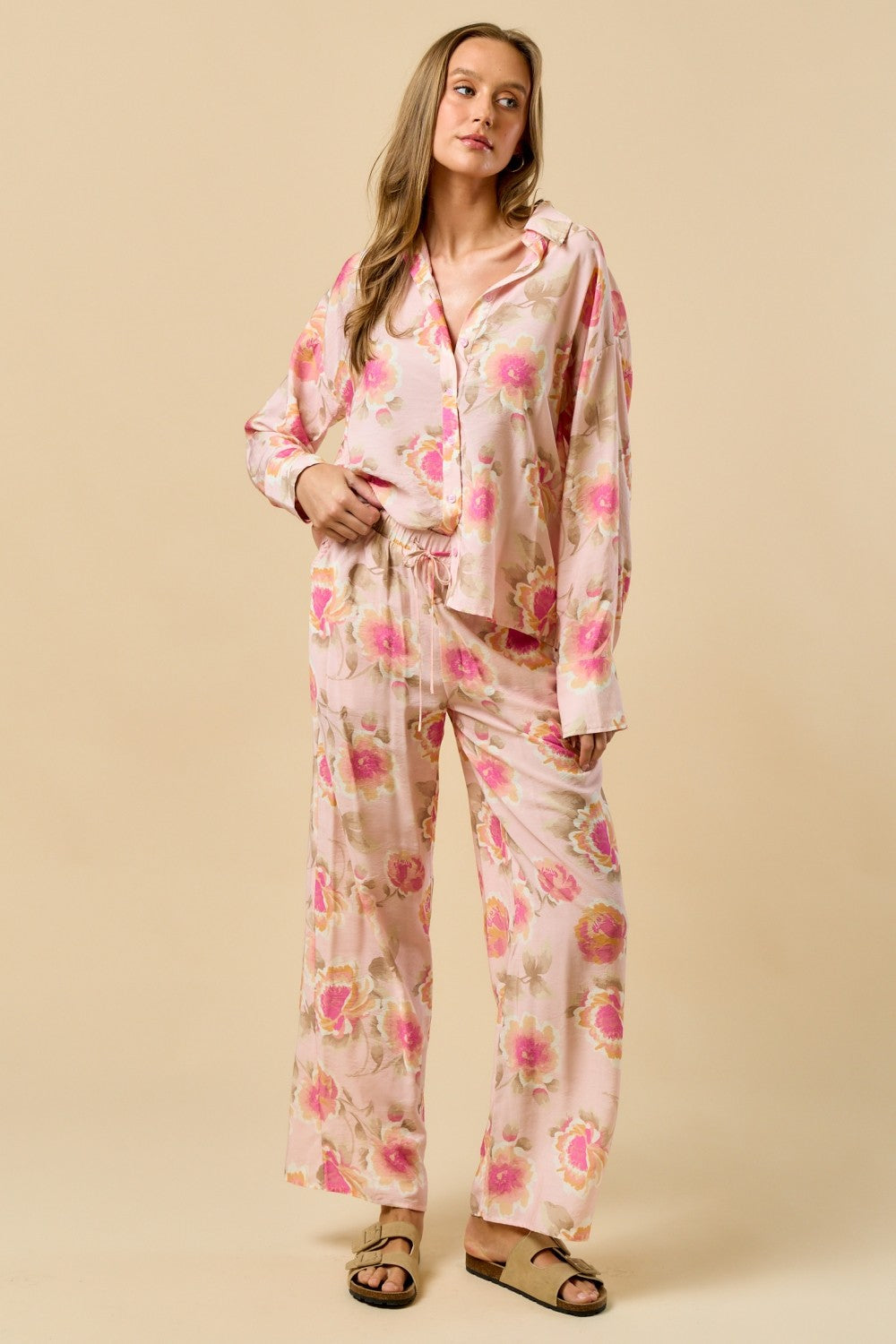 Erika Floral Print Button Down Shirt Pant Set