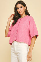 Button Down Short Sleeve Sweater (Pink)