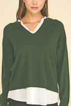 V-Neck Knit Woven Combo Top (Eden Green)