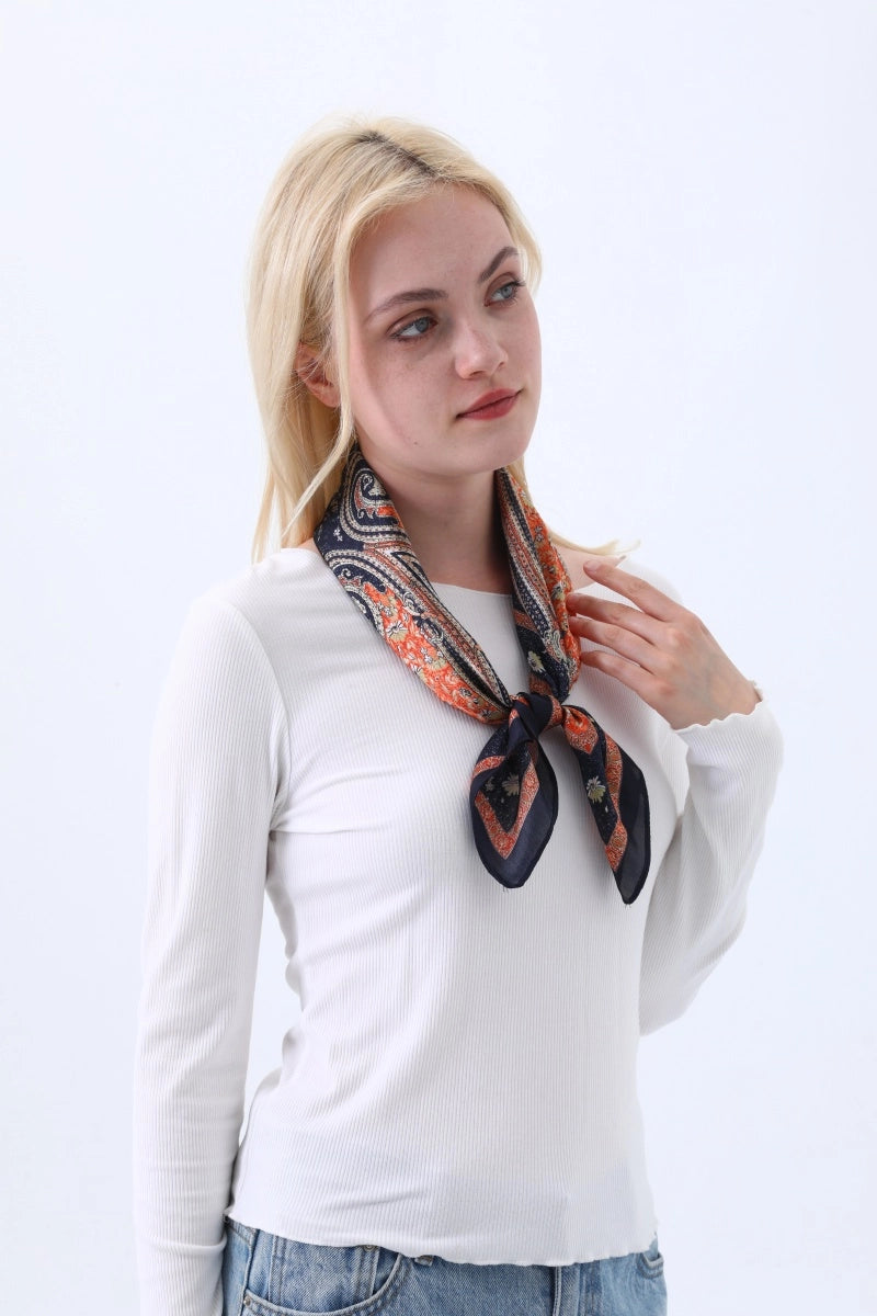 Paisley Print Silk Square Scarf (Navy/Orange)