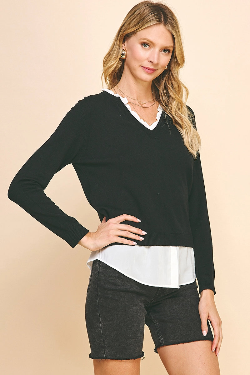 V-Neck Knit Woven Combo Top (Black)