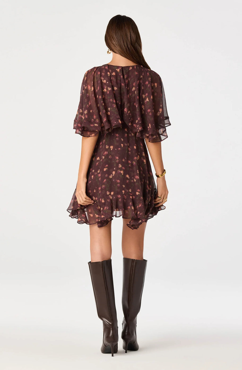 ASTR The Label Lilah Floral Cape-Sleeve Mini Dress ( Eggplant Floral)