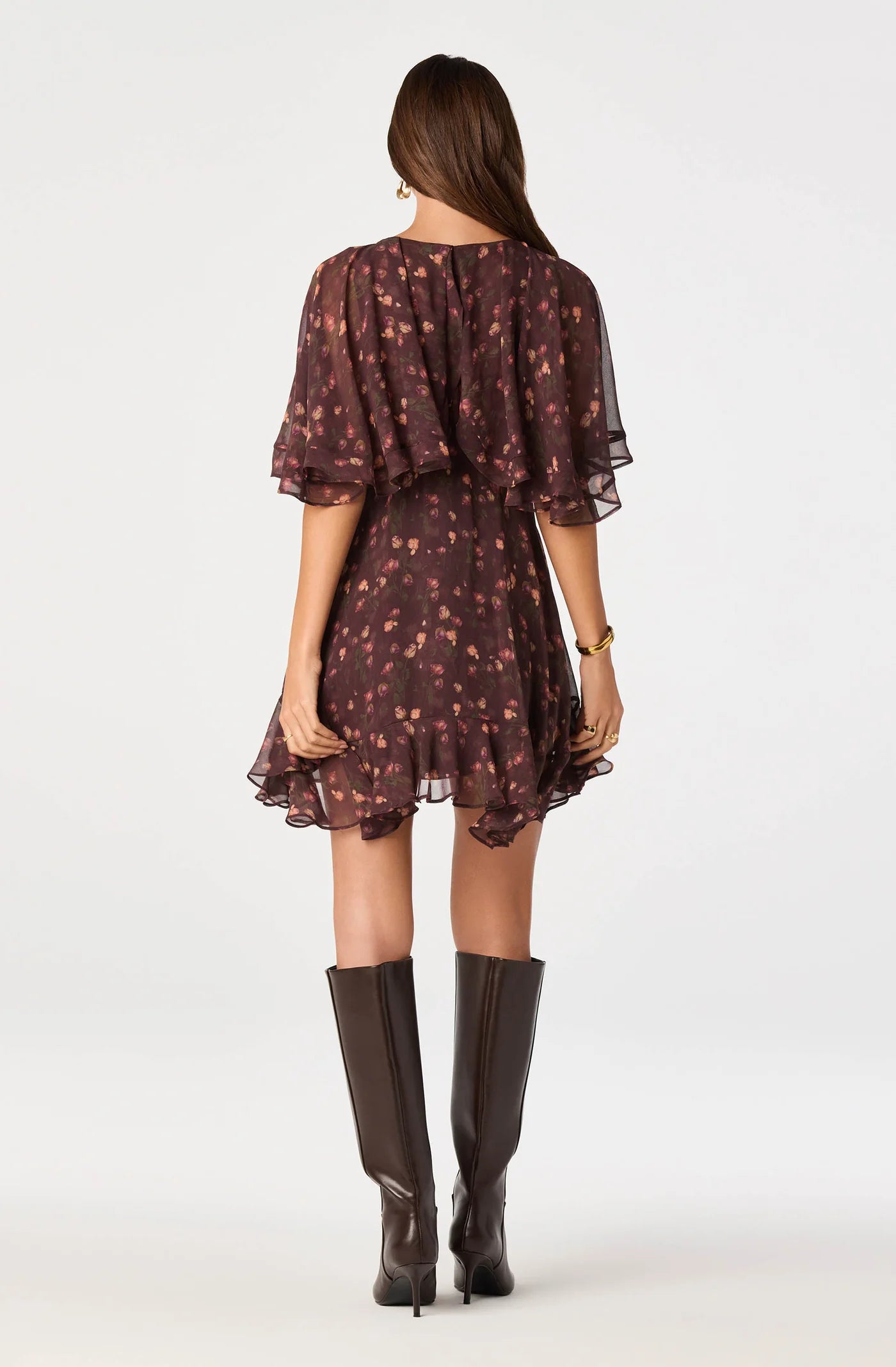 ASTR The Label Lilah Floral Cape-Sleeve Mini Dress ( Eggplant Floral)