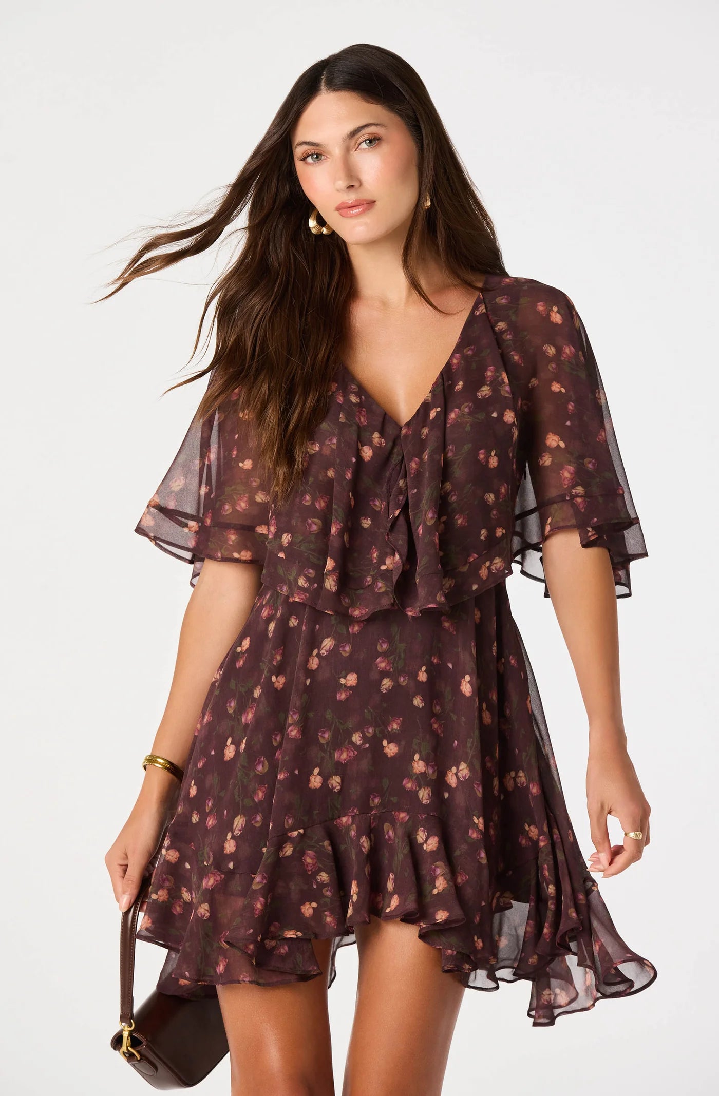ASTR The Label Lilah Floral Cape-Sleeve Mini Dress ( Eggplant Floral) Secondary image