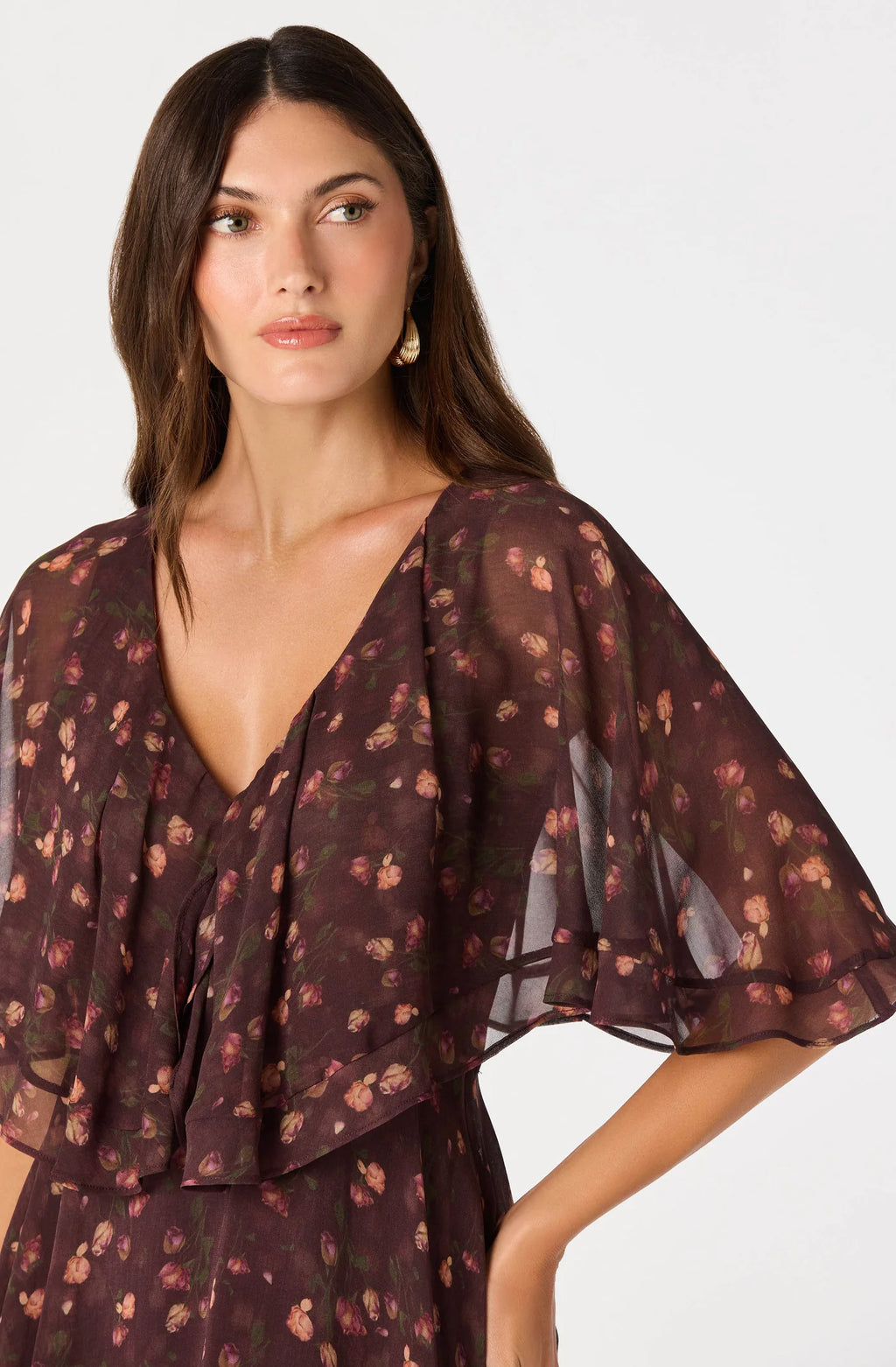 ASTR The Label Lilah Floral Cape-Sleeve Mini Dress ( Eggplant Floral)