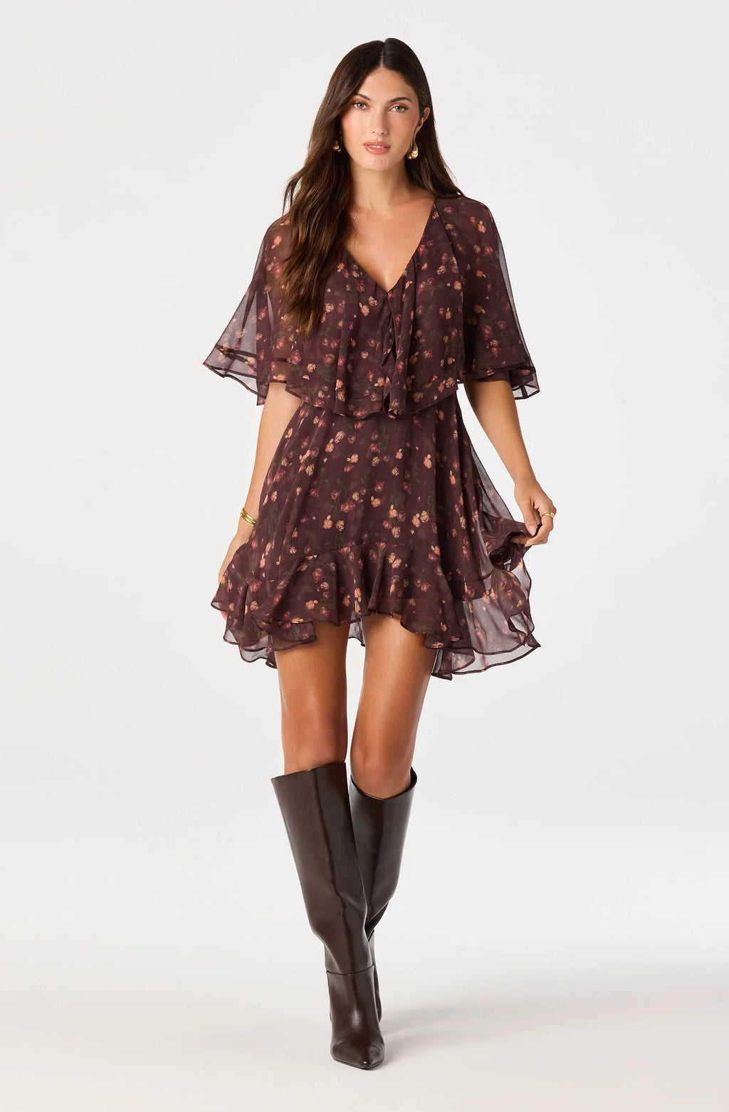 ASTR The Label Lilah Floral Cape-Sleeve Mini Dress ( Eggplant Floral)