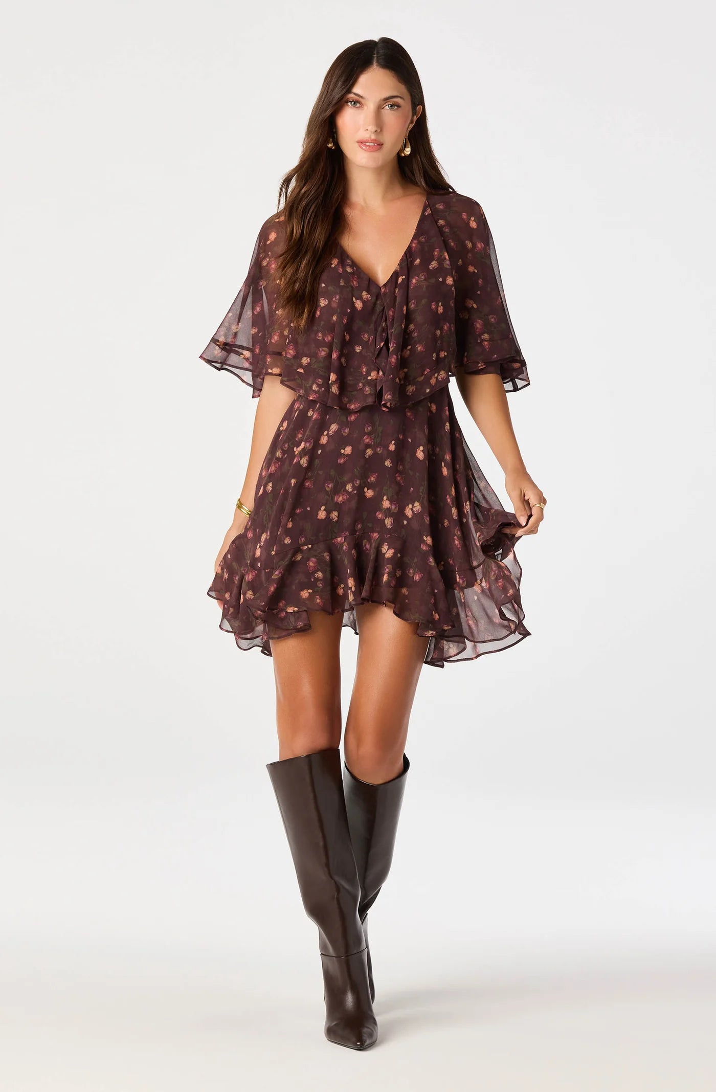 ASTR The Label Lilah Floral Cape-Sleeve Mini Dress ( Eggplant Floral)