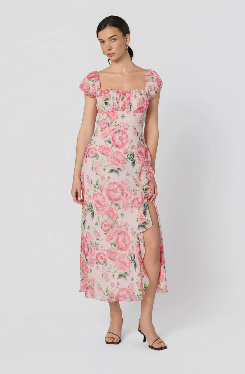 ASTR The Label Florence Floral Puff Sleeve Midi Dress