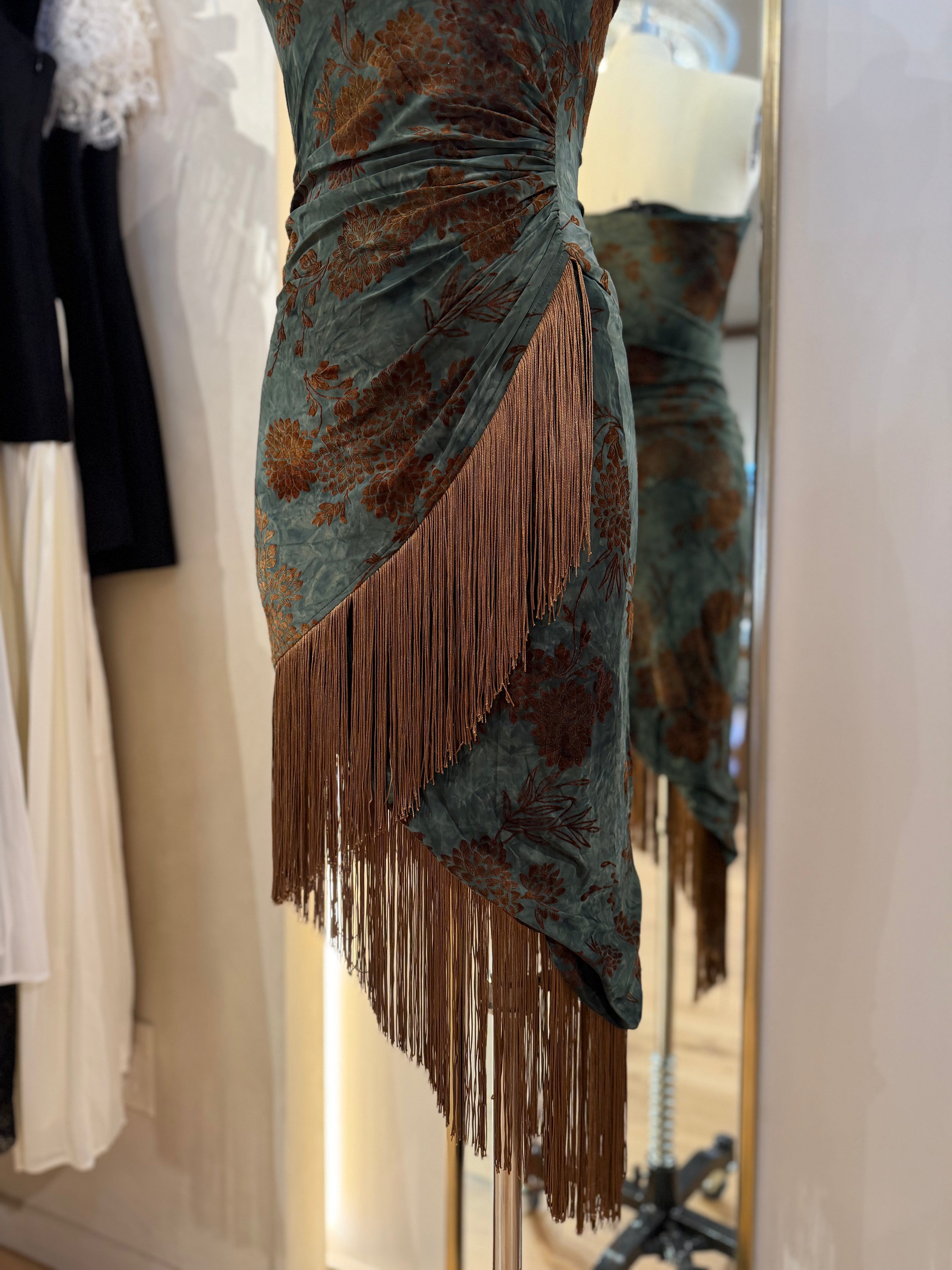 Strapless Asymmetrical Midi Dress with Fringe Hem