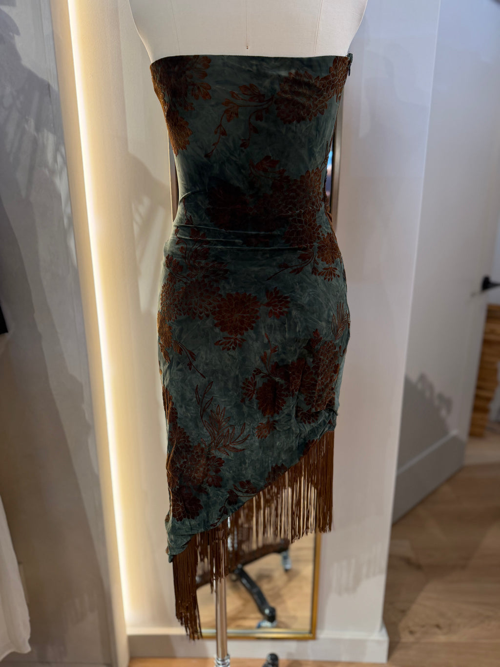 Strapless Asymmetrical Midi Dress with Fringe Hem