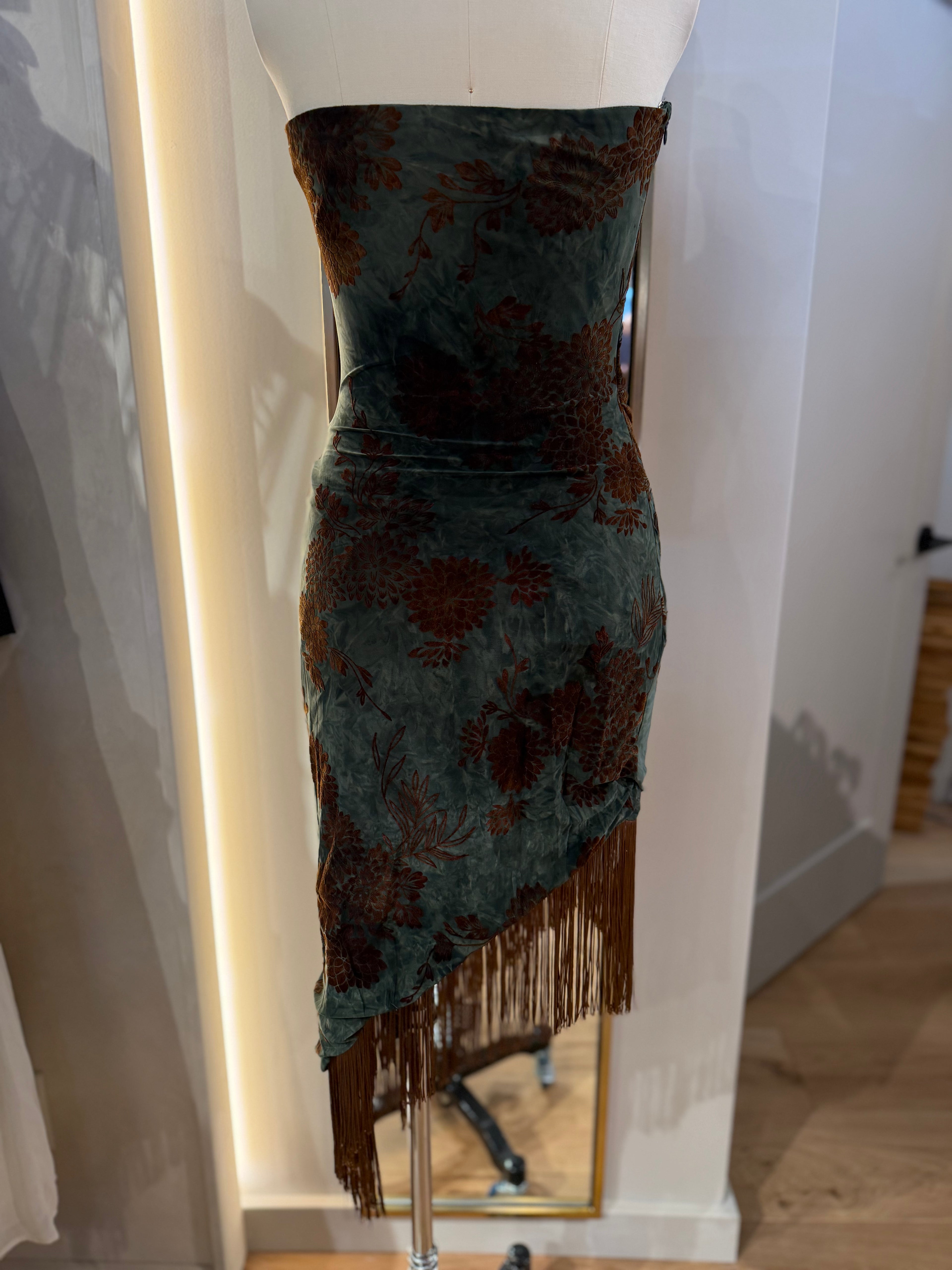 Strapless Asymmetrical Midi Dress with Fringe Hem