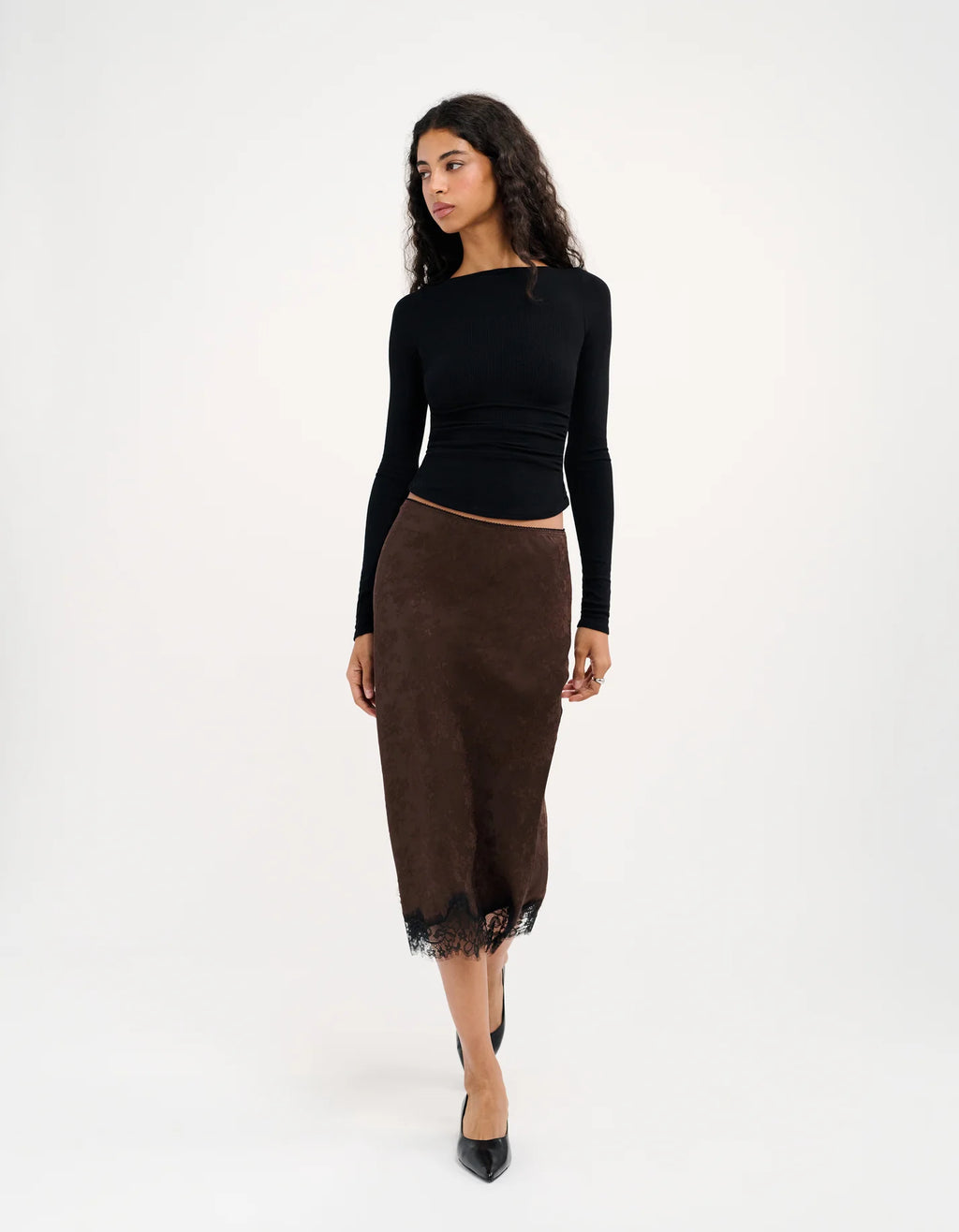 Rumored Lady Lace Midi Skirt (Espresso Jacquard)
