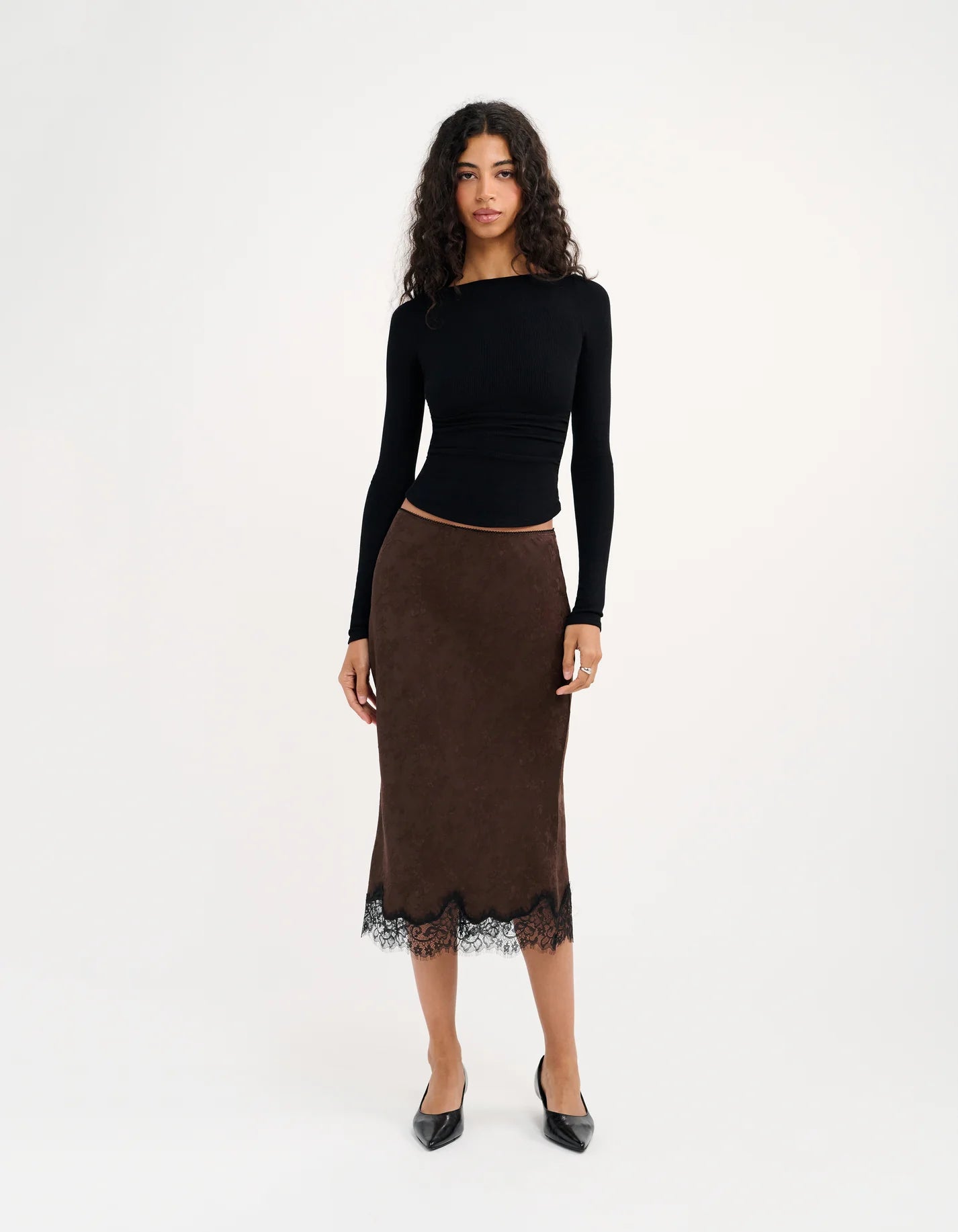 Rumored Lady Lace Midi Skirt (Espresso Jacquard)