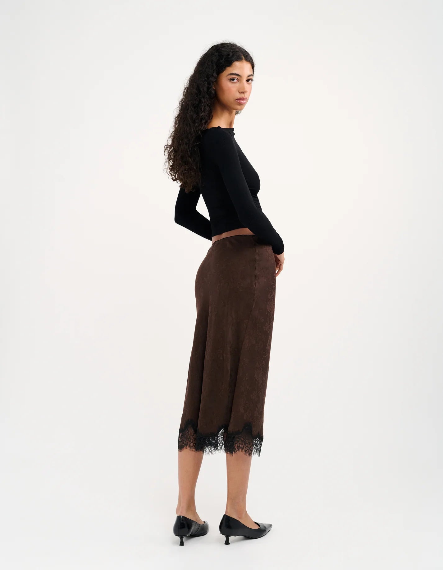 Rumored Lady Lace Midi Skirt (Espresso Jacquard)