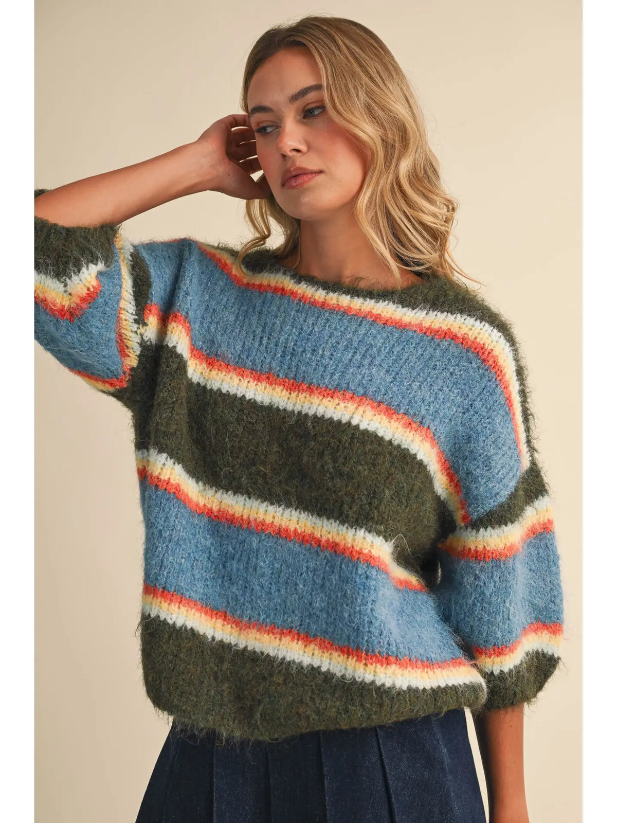 Elbow Sleeve Stripe Sweater Blue Multi