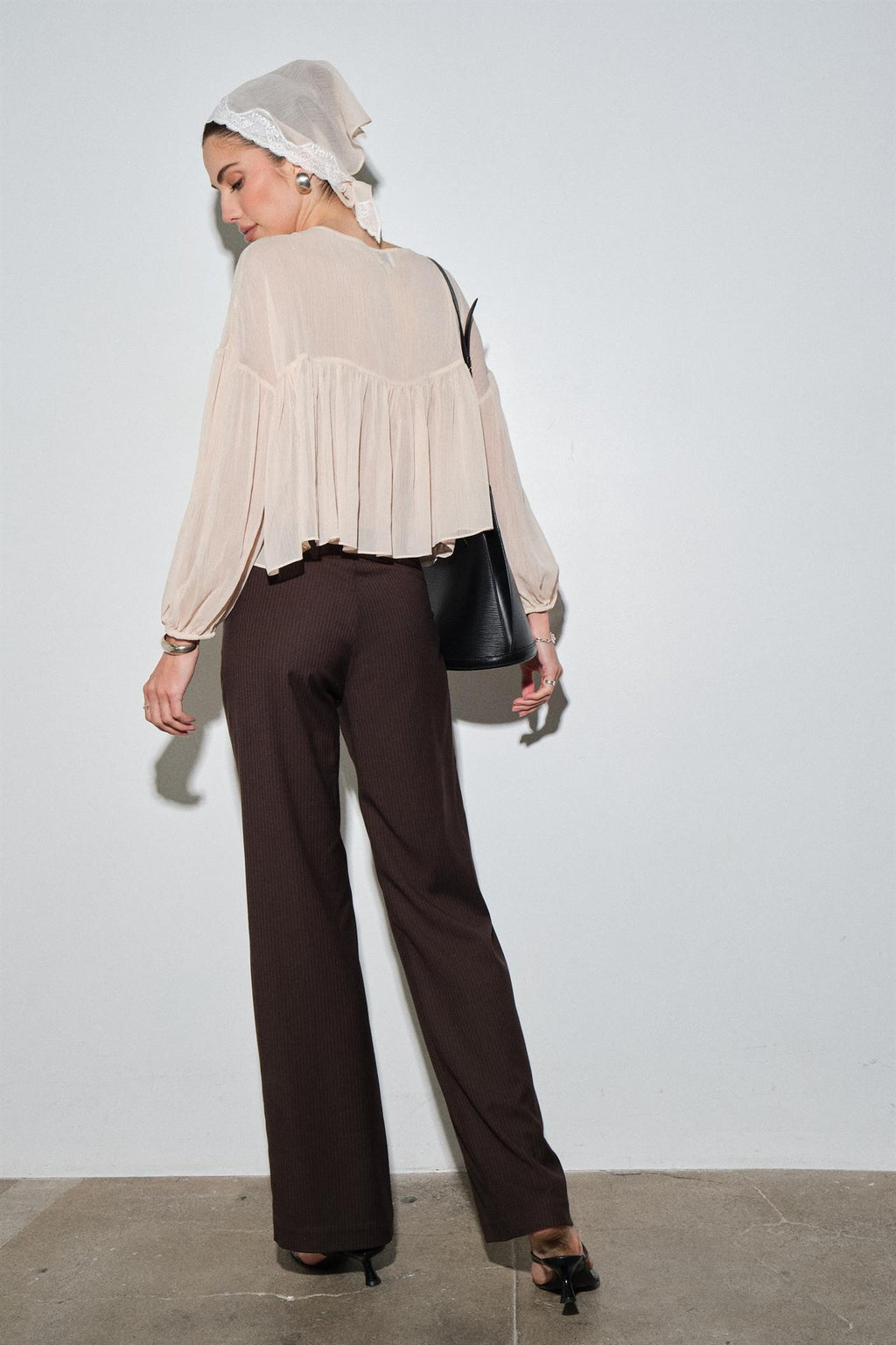 Rosalie Sheer Chiffon Lace Trim Babydoll Blouse W/ Scarf